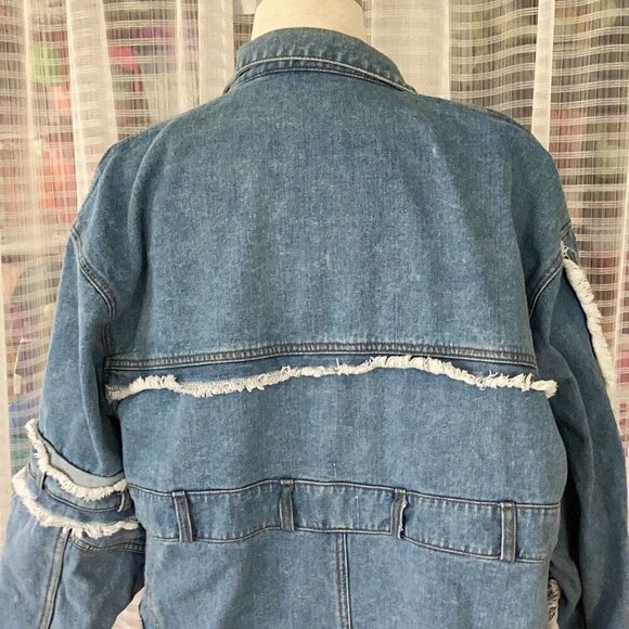 Vintage Please Thank You Distressed Jean Denim Jacket Medium - Picture 6 of 7